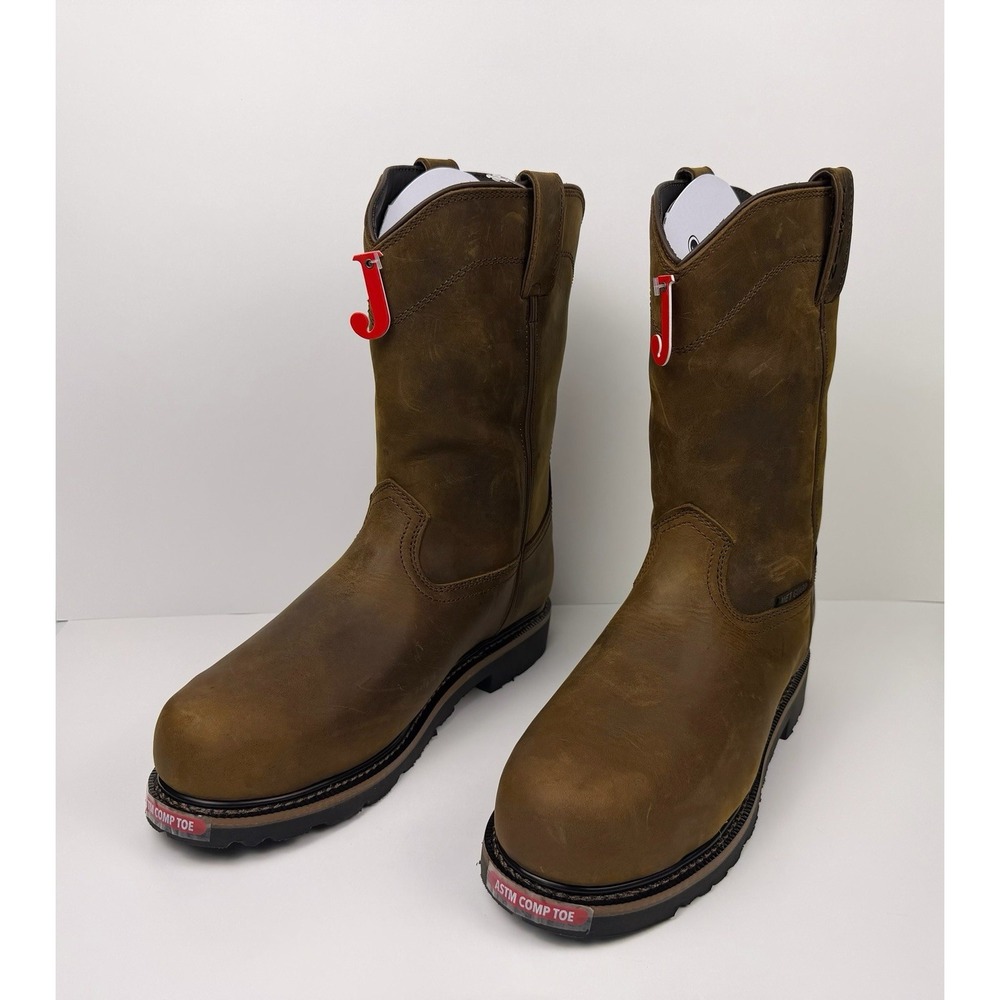 Justin Pulley Brown Cowhide 10" Men's Size 11 2E Wide Waterproof Composite Toe